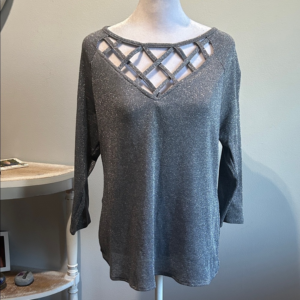 [New York & Company] Silver Lattice Neck Blouse - Size Medium
